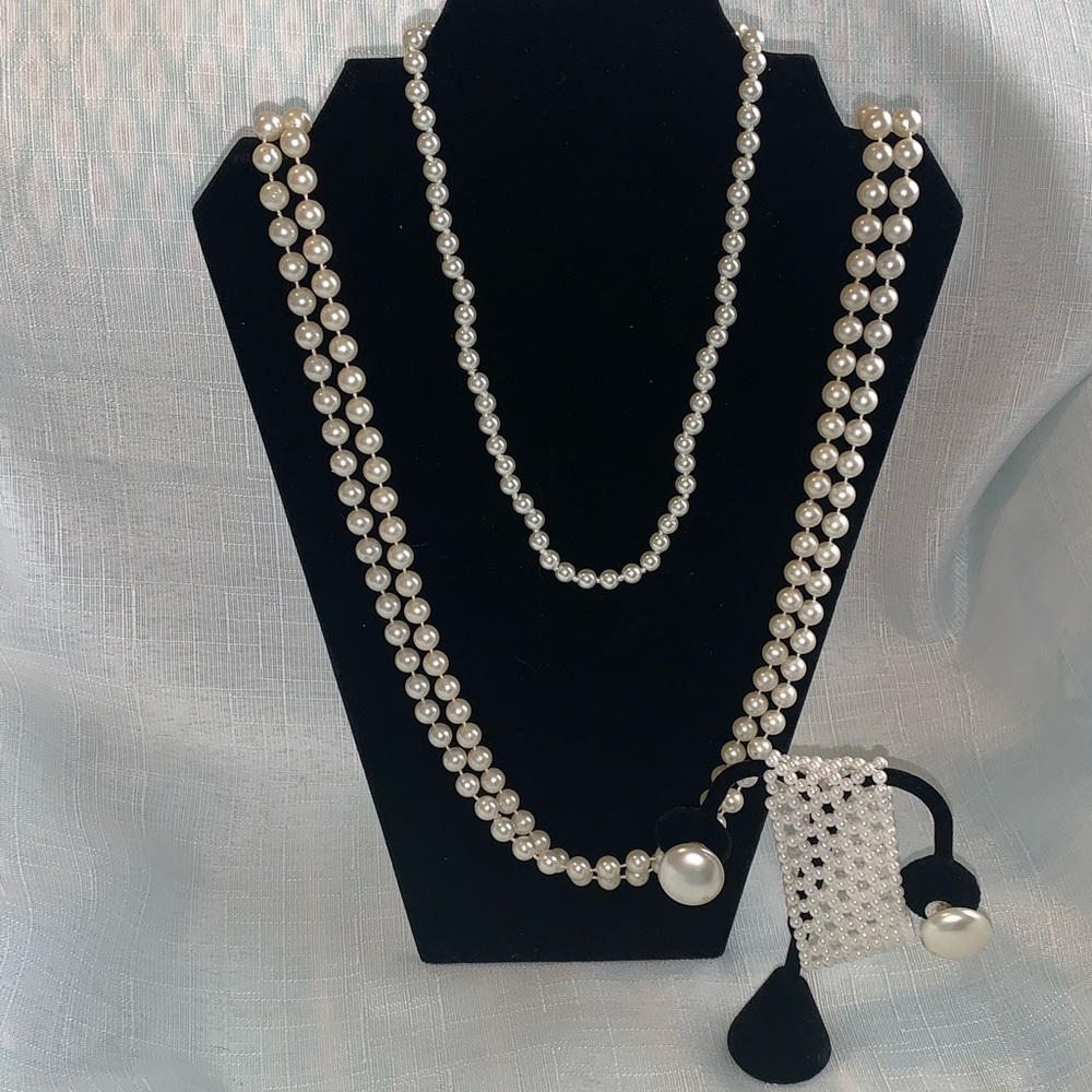 2 Long Pearl Strands Shorter Strand Bracelet Clip on Earrings Vintage Set